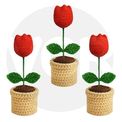 VCR Handmade Crochet Red Tulip Pot - Pack of 1 - Hand Woven Knitted Artificial Red Tulip Pot Hand Knitted Flower for office Desk, Table, Car, Bedroom, Wedding & Special Occasions