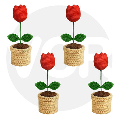 VCR Handmade Crochet Red Tulip Pot - Pack of 1 - Hand Woven Knitted Artificial Red Tulip Pot Hand Knitted Flower for office Desk, Table, Car, Bedroom, Wedding & Special Occasions