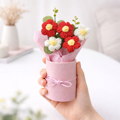 VCR Handmade Red & White Crochet Bouquet - Hand Woven Knitted Artificial Hand Knitted Bouquet Flower for office Desk, Table, Car, Bedroom, Wedding & Special Occasions