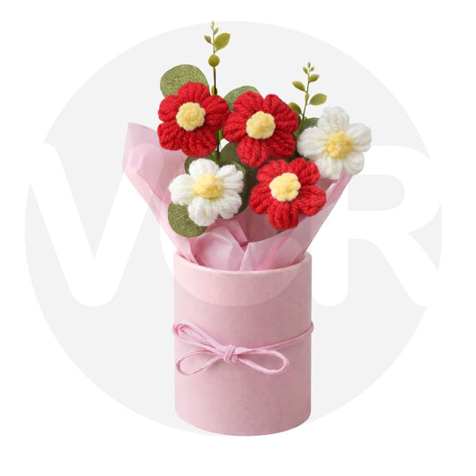 VCR Handmade Red & White Crochet Bouquet - Hand Woven Knitted Artificial Hand Knitted Bouquet Flower for office Desk, Table, Car, Bedroom, Wedding & Special Occasions