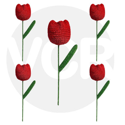 VCR Handmade Crochet Red Tulip - Pack of 1 - Hand Woven Knitted Artificial Pink Tulip Hand Knitted Flower for office Desk, Table, Car, Bedroom, Wedding & Special Occasions