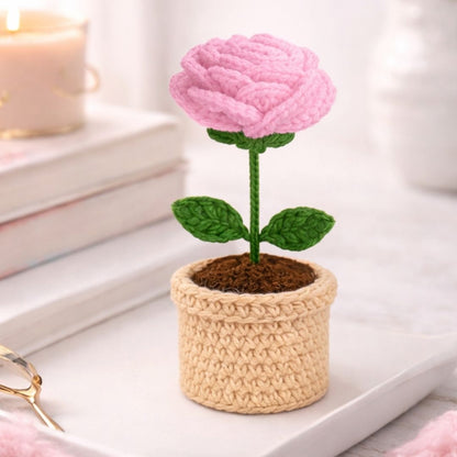 VCR Handmade Crochet Pink Rose Pot - Pack of 1 - Hand Woven Knitted Artificial Pink Rose Pot Hand Knitted Flower for office Desk, Table, Car, Bedroom, Wedding & Special Occasions