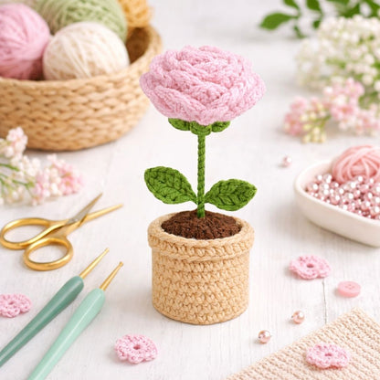 VCR Handmade Crochet Pink Rose Pot - Pack of 1 - Hand Woven Knitted Artificial Pink Rose Pot Hand Knitted Flower for office Desk, Table, Car, Bedroom, Wedding & Special Occasions