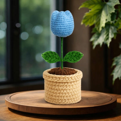 VCR Handmade Crochet Sky Blue Tulip Pot - Pack of 1 - Hand Woven Knitted Artificial Sky Blue Tulip Pot Hand Knitted Flower for office Desk, Table, Car, Bedroom, Wedding & Special Occasions