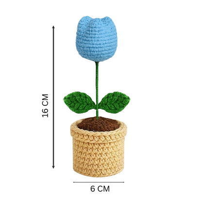 VCR Handmade Crochet Sky Blue Tulip Pot - Pack of 1 - Hand Woven Knitted Artificial Sky Blue Tulip Pot Hand Knitted Flower for office Desk, Table, Car, Bedroom, Wedding & Special Occasions