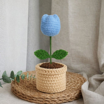 VCR Handmade Crochet Sky Blue Tulip Pot - Pack of 1 - Hand Woven Knitted Artificial Sky Blue Tulip Pot Hand Knitted Flower for office Desk, Table, Car, Bedroom, Wedding & Special Occasions