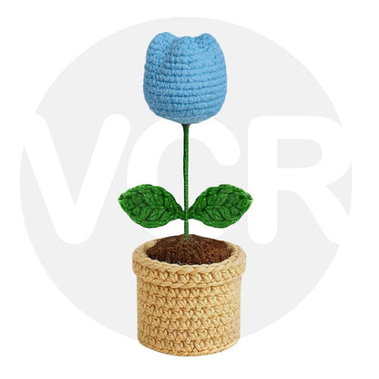 VCR Handmade Crochet Sky Blue Tulip Pot - Pack of 1 - Hand Woven Knitted Artificial Sky Blue Tulip Pot Hand Knitted Flower for office Desk, Table, Car, Bedroom, Wedding & Special Occasions