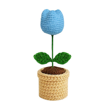 VCR Handmade Crochet Sky Blue Tulip Pot - Pack of 1 - Hand Woven Knitted Artificial Sky Blue Tulip Pot Hand Knitted Flower for office Desk, Table, Car, Bedroom, Wedding & Special Occasions