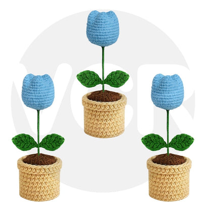 VCR Handmade Crochet Sky Blue Tulip Pot - Pack of 1 - Hand Woven Knitted Artificial Sky Blue Tulip Pot Hand Knitted Flower for office Desk, Table, Car, Bedroom, Wedding & Special Occasions