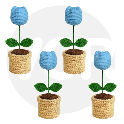 VCR Handmade Crochet Sky Blue Tulip Pot - Pack of 1 - Hand Woven Knitted Artificial Sky Blue Tulip Pot Hand Knitted Flower for office Desk, Table, Car, Bedroom, Wedding & Special Occasions