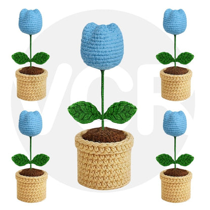 VCR Handmade Crochet Sky Blue Tulip Pot - Pack of 1 - Hand Woven Knitted Artificial Sky Blue Tulip Pot Hand Knitted Flower for office Desk, Table, Car, Bedroom, Wedding & Special Occasions