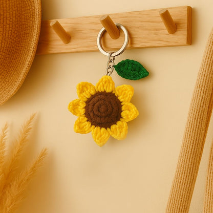 VCR Handmade Crochet Sunflower Keychain - Pack of 1 - Hand Woven Knitted Artificial Keychain Hand Knitted Keychain  For Bag, Purse And Car