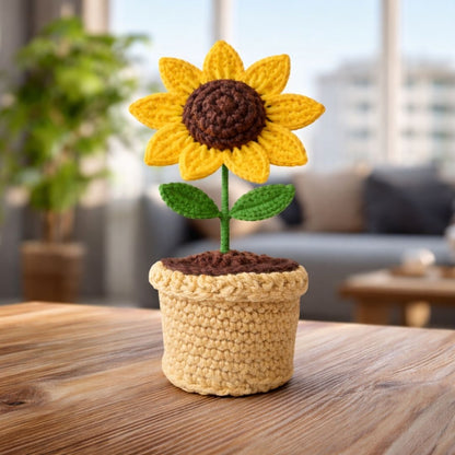 VCR Handmade Crochet Sunflower Pot - Pack of 1 - Hand Woven Knitted Artificial Sunflower Pot Hand Knitted Flower for office Desk, Table, Car, Bedroom, Wedding & Special Occasions