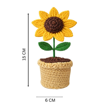 VCR Handmade Crochet Sunflower Pot - Pack of 1 - Hand Woven Knitted Artificial Sunflower Pot Hand Knitted Flower for office Desk, Table, Car, Bedroom, Wedding & Special Occasions