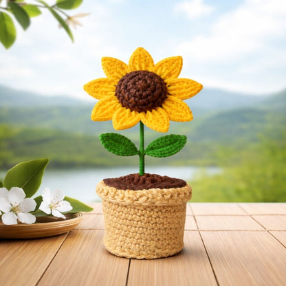 VCR Handmade Crochet Sunflower Pot - Pack of 1 - Hand Woven Knitted Artificial Sunflower Pot Hand Knitted Flower for office Desk, Table, Car, Bedroom, Wedding & Special Occasions
