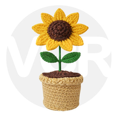 VCR Handmade Crochet Sunflower Pot - Pack of 1 - Hand Woven Knitted Artificial Sunflower Pot Hand Knitted Flower for office Desk, Table, Car, Bedroom, Wedding & Special Occasions