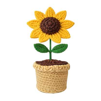 VCR Handmade Crochet Sunflower Pot - Pack of 1 - Hand Woven Knitted Artificial Sunflower Pot Hand Knitted Flower for office Desk, Table, Car, Bedroom, Wedding & Special Occasions