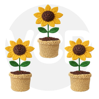 VCR Handmade Crochet Sunflower Pot - Pack of 1 - Hand Woven Knitted Artificial Sunflower Pot Hand Knitted Flower for office Desk, Table, Car, Bedroom, Wedding & Special Occasions
