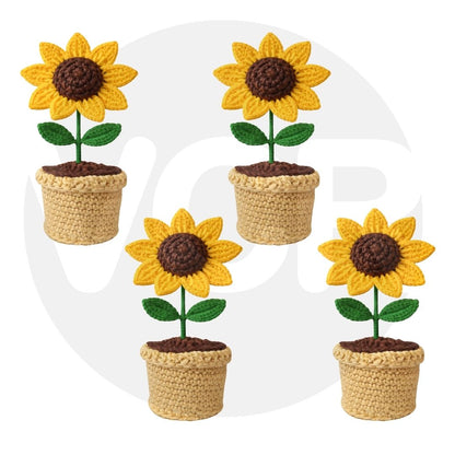 VCR Handmade Crochet Sunflower Pot - Pack of 1 - Hand Woven Knitted Artificial Sunflower Pot Hand Knitted Flower for office Desk, Table, Car, Bedroom, Wedding & Special Occasions
