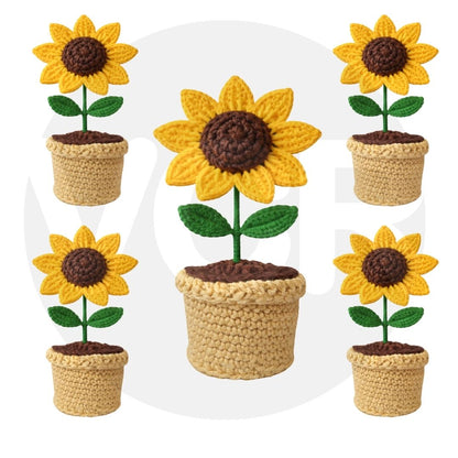 VCR Handmade Crochet Sunflower Pot - Pack of 1 - Hand Woven Knitted Artificial Sunflower Pot Hand Knitted Flower for office Desk, Table, Car, Bedroom, Wedding & Special Occasions