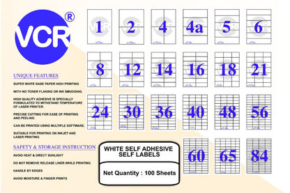 VCR A4 Size White Self Adhesive Label/Sticker for Printer (Inject/Copier/Laser) - 8 Sticker Per Sheet - 100 Sheets Pack