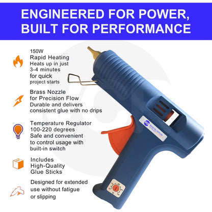 VCR 150W Heavy Duty Glue Gun with Temperature Control Regulator - 150 Watts & Thin Nozzle for Precise Glue Output (DIY & Professional Use) - VCR 150