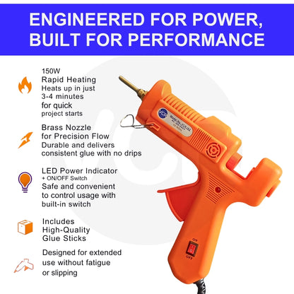 VCR 150W Professional Hot Melt Glue Gun Long Nozzle - Triple Power Rapid Heating Gun with ON/Off Switch for Precise Glue Output - Easy To Use with 11mm Glue Sticks - VCR 152