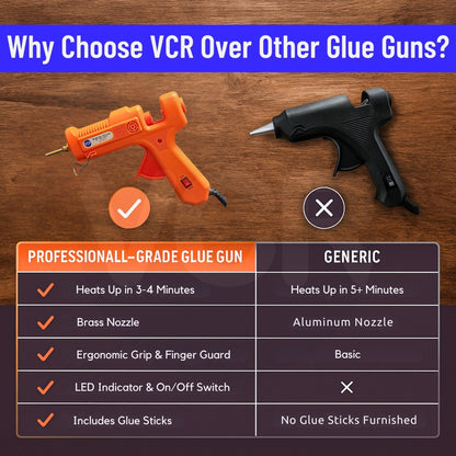 VCR 150W Professional Hot Melt Glue Gun Long Nozzle - Triple Power Rapid Heating Gun with ON/Off Switch for Precise Glue Output - Easy To Use with 11mm Glue Sticks - VCR 152