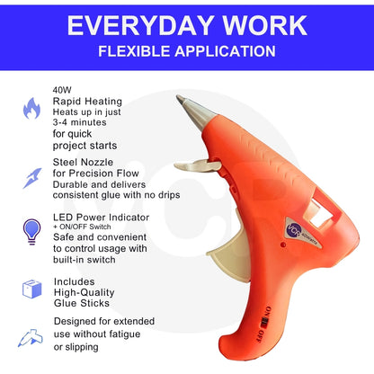 VCR 40W Hot Melt Glue Gun for Crafting & DIY Purpose - 40 Watts - ON/Off Switch for Precise Glue Output - Easy To Use Dark Orange Glue Gun - VCR 40 Mini