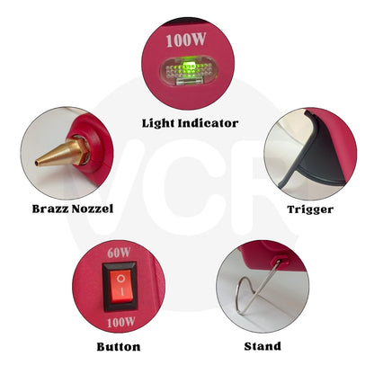 VCR 60/100W Light Weight Hot Melt Glue Gun for DIY with ON/Off Switch - 60/100 Watts - Thin Nozzle for Precise Glue Output - Easy To Use Red Glue Gun - VCR 60100