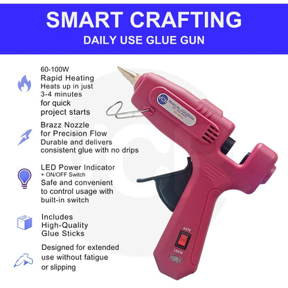 VCR 60/100W Light Weight Hot Melt Glue Gun for DIY with ON/Off Switch - 60/100 Watts - Thin Nozzle for Precise Glue Output - Easy To Use Red Glue Gun - VCR 60100