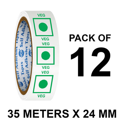 VCR Veg Tape Printed - 35 Meters in Length - 24mm / 1" Width - Veg Printed Tape With Green Marking, Self Adhesive Tape for Packing Boxes