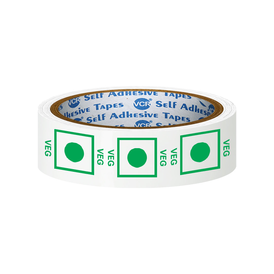 VCR printed veg tape roll with green vegetarian symbol 35 m x 24 mm