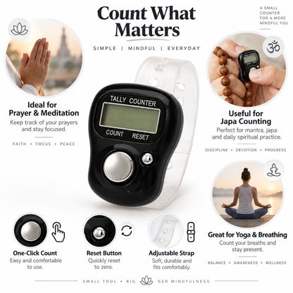 VCR 5-Digit Mini Tally Counter Finger Ring with LCD Display, Reset Button & Adjustable Strap for Japa Mala, Meditation, Sports, Knitting, Running & Events
