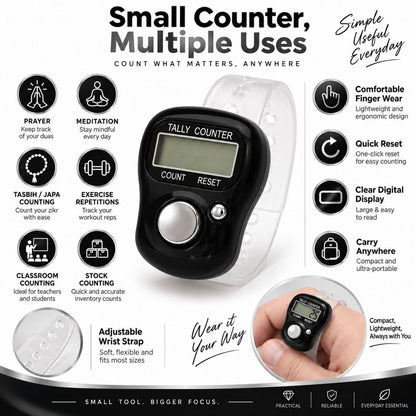 VCR 5-Digit Mini Tally Counter Finger Ring with LCD Display, Reset Button & Adjustable Strap for Japa Mala, Meditation, Sports, Knitting, Running & Events
