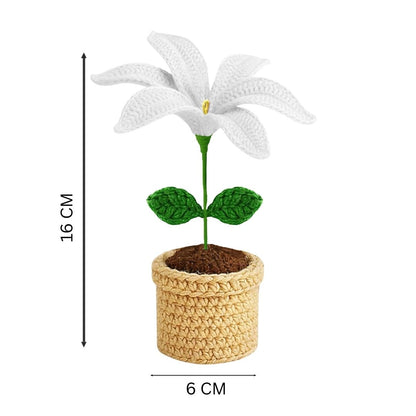 VCR Handmade Crochet White Lily Pot - Pack of 1 - Hand Woven Knitted Artificial White Lily Pot Hand Knitted Flower for office Desk, Table, Car, Bedroom, Wedding & Special Occasions