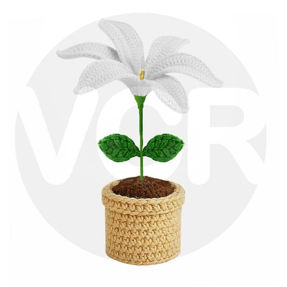VCR Handmade Crochet White Lily Pot - Pack of 1 - Hand Woven Knitted Artificial White Lily Pot Hand Knitted Flower for office Desk, Table, Car, Bedroom, Wedding & Special Occasions