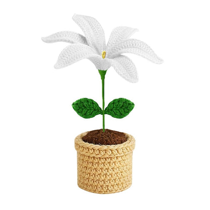 VCR Handmade Crochet White Lily Pot - Pack of 1 - Hand Woven Knitted Artificial White Lily Pot Hand Knitted Flower for office Desk, Table, Car, Bedroom, Wedding & Special Occasions