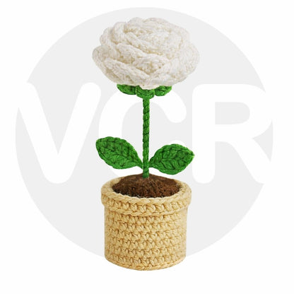 VCR Handmade Crochet White Rose Pot - Pack of 1 - Hand Woven Knitted Artificial White Rose Pot Hand Knitted Flower for office Desk, Table, Car, Bedroom, Wedding & Special Occasions