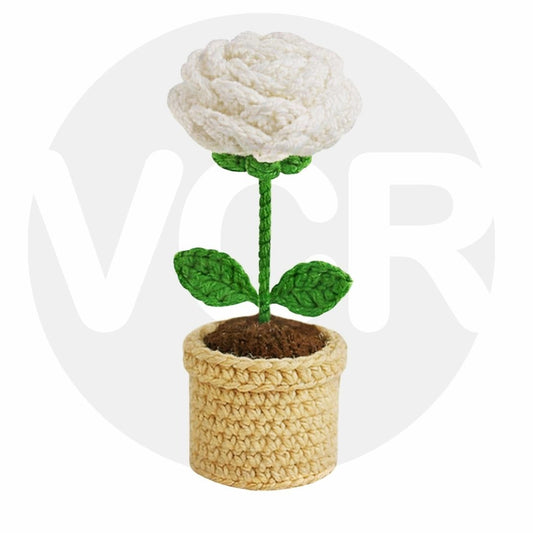 VCR Handmade Crochet White Rose Pot - Pack of 1 - Hand Woven Knitted Artificial White Rose Pot Hand Knitted Flower for office Desk, Table, Car, Bedroom, Wedding & Special Occasions