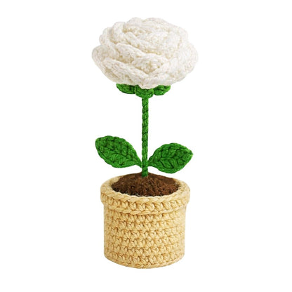 VCR Handmade Crochet White Rose Pot - Pack of 1 - Hand Woven Knitted Artificial White Rose Pot Hand Knitted Flower for office Desk, Table, Car, Bedroom, Wedding & Special Occasions