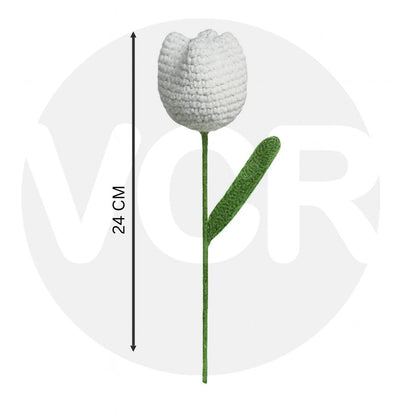 VCR Handmade Crochet White Tulip - Pack of 1 - Hand Woven Knitted Artificial White Tulip Hand Knitted Flower for office Desk, Table, Car, Bedroom, Wedding & Special Occasions