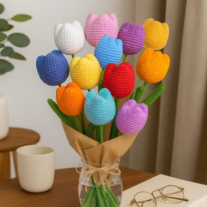 VCR Handmade Crochet White Tulip - Pack of 1 - Hand Woven Knitted Artificial White Tulip Hand Knitted Flower for office Desk, Table, Car, Bedroom, Wedding & Special Occasions