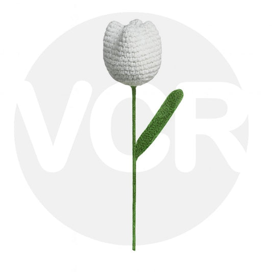 VCR Handmade Crochet White Tulip - Pack of 1 - Hand Woven Knitted Artificial White Tulip Hand Knitted Flower for office Desk, Table, Car, Bedroom, Wedding & Special Occasions