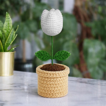 VCR Handmade Crochet White Tulip Pot  - Pack of 1 - Hand Woven Knitted Artificial White Tulip Pot Hand Knitted Flower for office Desk, Table, Car, Bedroom, Wedding & Special Occasions
