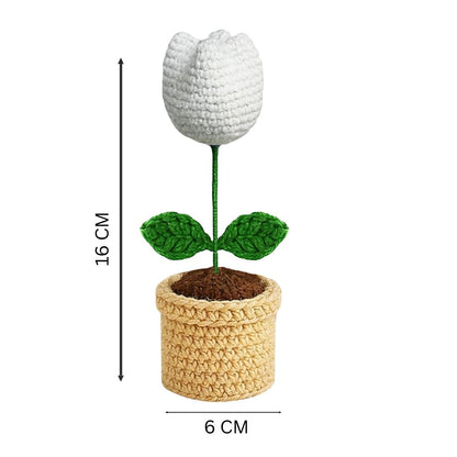 VCR Handmade Crochet White Tulip Pot  - Pack of 1 - Hand Woven Knitted Artificial White Tulip Pot Hand Knitted Flower for office Desk, Table, Car, Bedroom, Wedding & Special Occasions