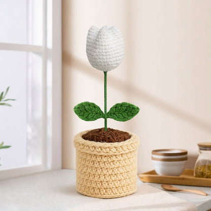 VCR Handmade Crochet White Tulip Pot  - Pack of 1 - Hand Woven Knitted Artificial White Tulip Pot Hand Knitted Flower for office Desk, Table, Car, Bedroom, Wedding & Special Occasions