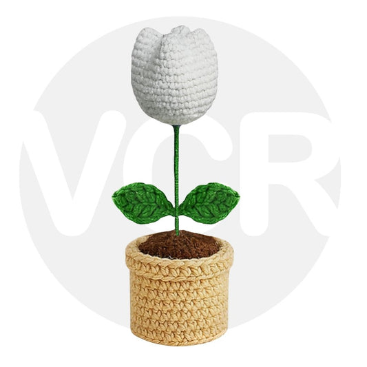 VCR Handmade Crochet White Tulip Pot  - Pack of 1 - Hand Woven Knitted Artificial White Tulip Pot Hand Knitted Flower for office Desk, Table, Car, Bedroom, Wedding & Special Occasions