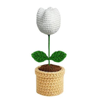 VCR Handmade Crochet White Tulip Pot  - Pack of 1 - Hand Woven Knitted Artificial White Tulip Pot Hand Knitted Flower for office Desk, Table, Car, Bedroom, Wedding & Special Occasions
