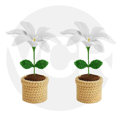 VCR Handmade Crochet White Lily Pot - Pack of 1 - Hand Woven Knitted Artificial White Lily Pot Hand Knitted Flower for office Desk, Table, Car, Bedroom, Wedding & Special Occasions